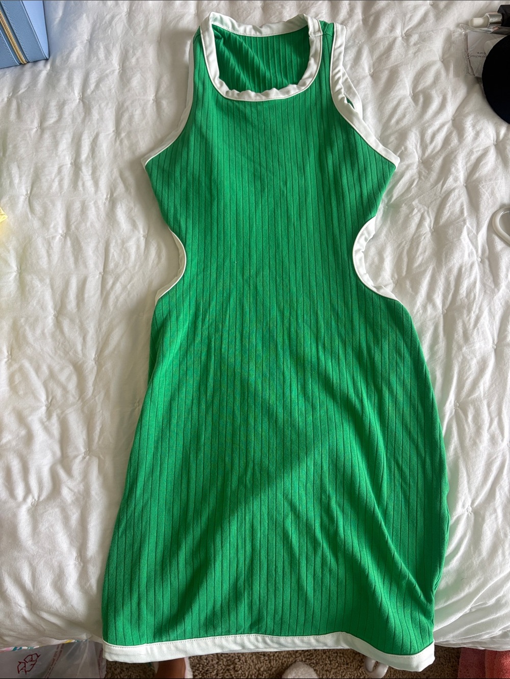 SHEIN Green Ribbed Tank Midi Dress with White Trim